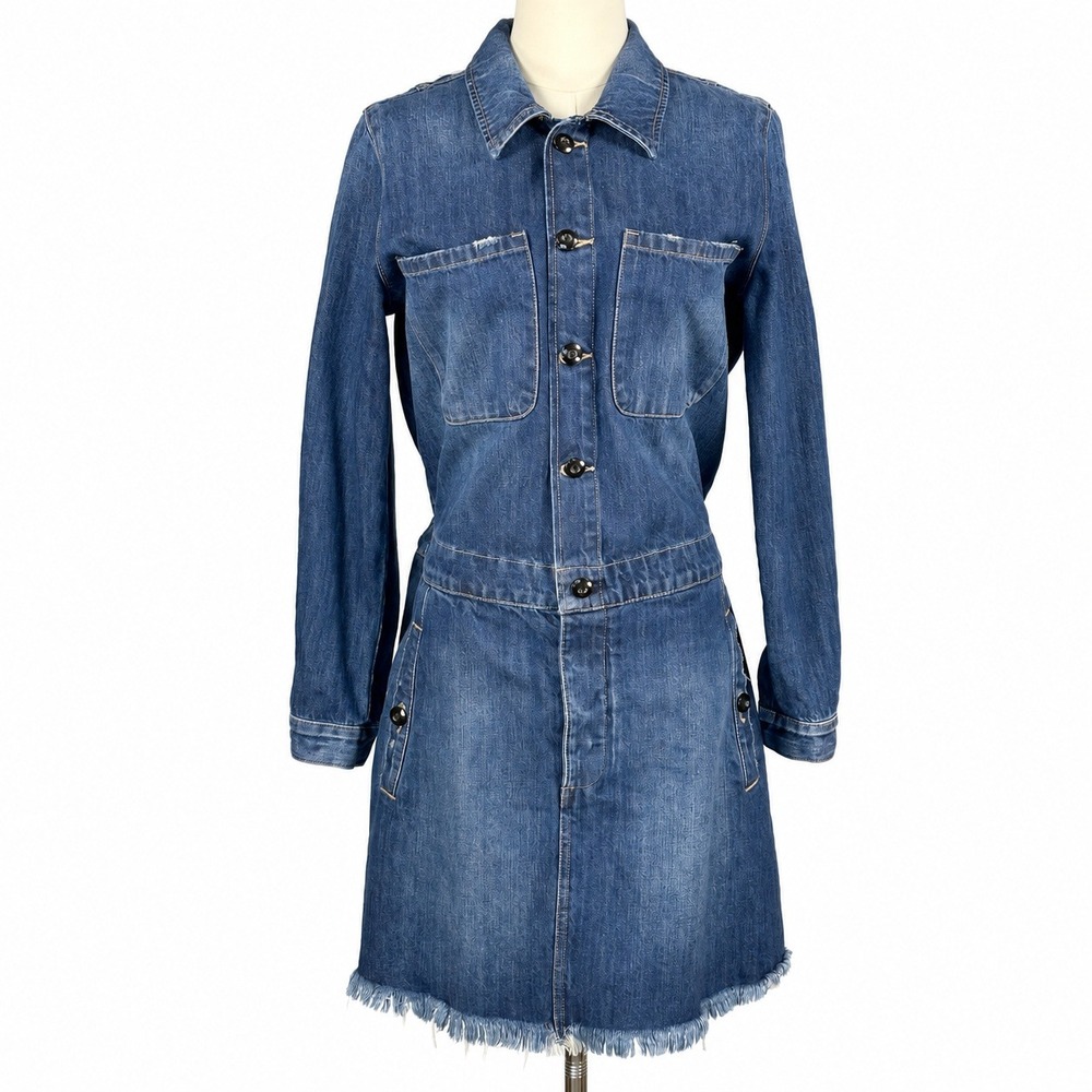 Lucky Brand Women's Denim Mini Shirt Dress Blue M Raw Hem Western Cowgirl